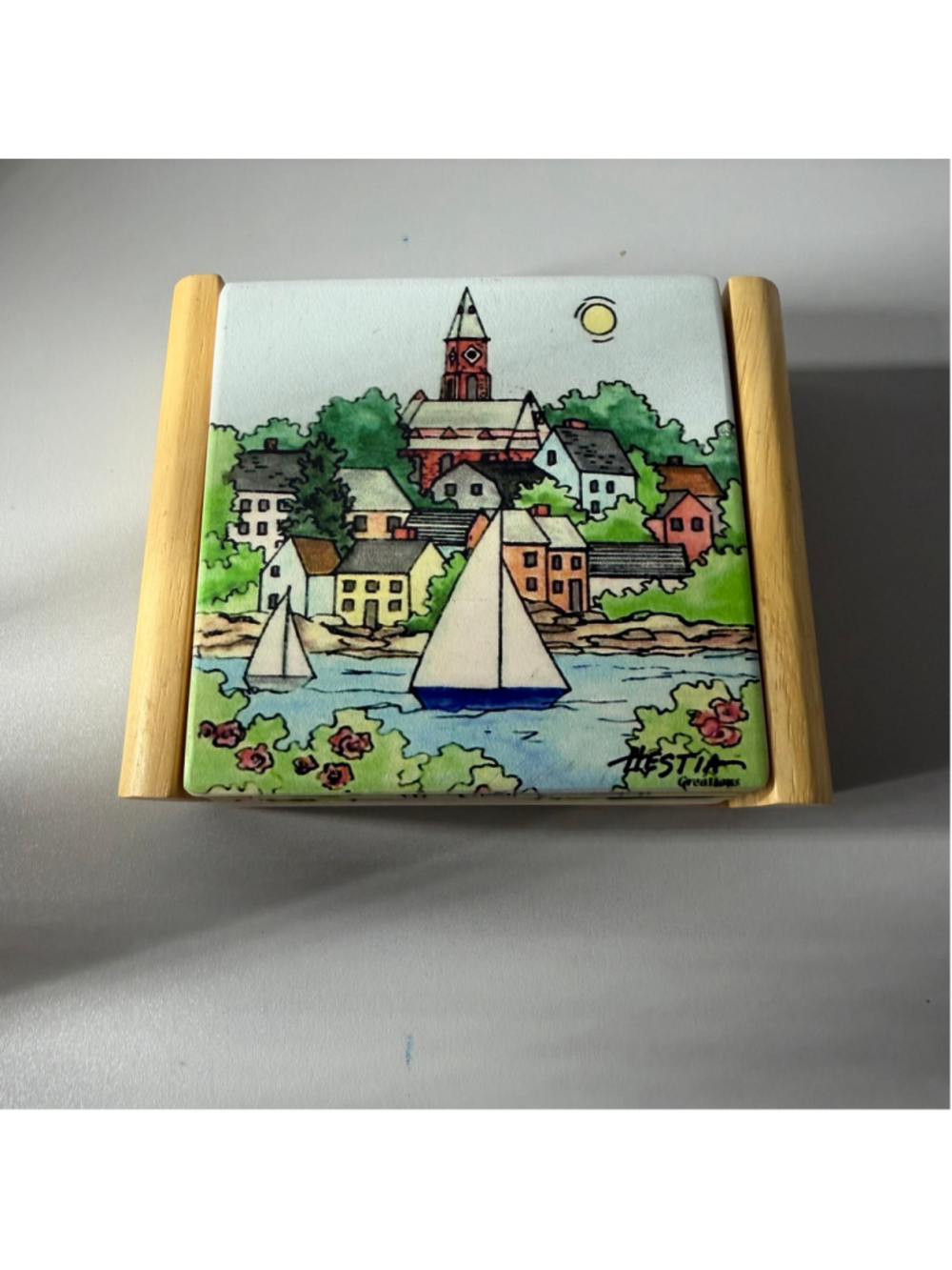 Hestia Creations Ceramic Coaster Set with Wooden Holder, One Size, Multi-color